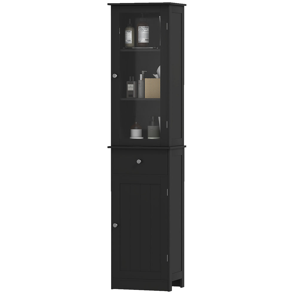 Tall bathroom cabinet with drawers, 2 doors and adjustable shelves, black