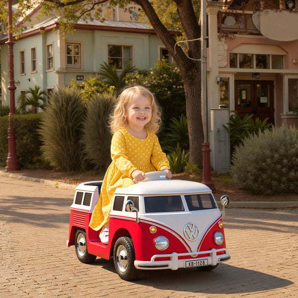 12V electric car, licensed Volkswagen T1, with dual motor and soft start, for ages 3-7, red.