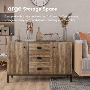 Industrial sideboard with 2 doors, 3 drawers, and shelves, brown.