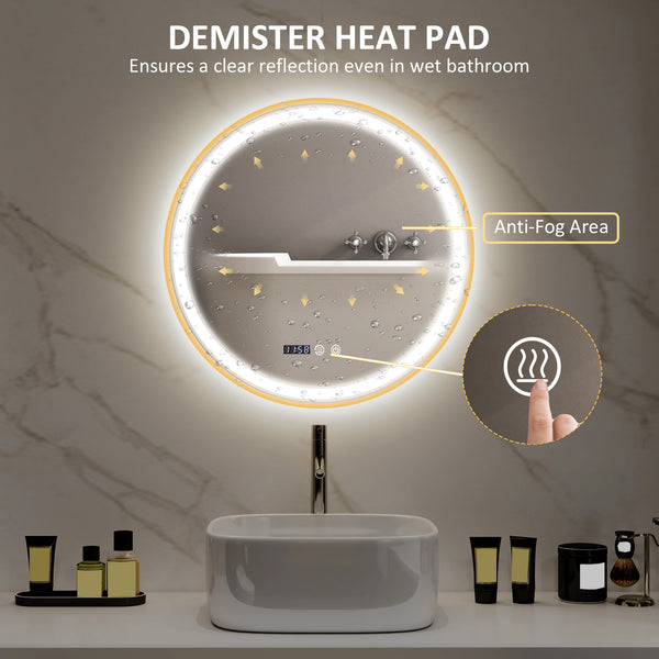 Round bathroom mirror with LED lighting with anti-fog coating, gold rim