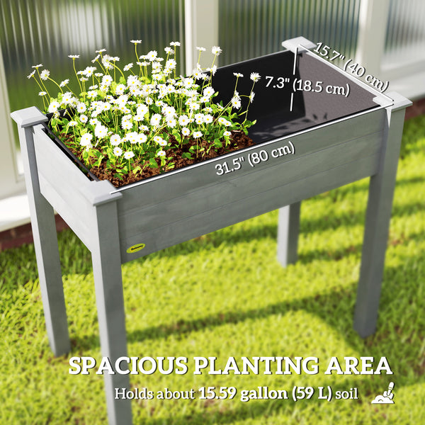 Raised wooden planter with legs, drainage holes and inner bag, dark grey
