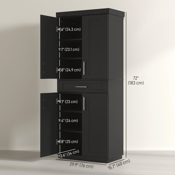 72-inch Pantry with 4 Doors, Drawer and 3 Adjustable Shelves, Black