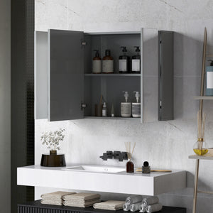 35" x 24" Wall-Mounted Medicine Cabinet with Mirror, 3 Doors and Adjustable Shelves, Gray