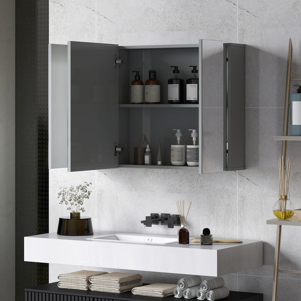 35" x 24" Wall-Mounted Medicine Cabinet with Mirror, 3 Doors and Adjustable Shelves, Gray