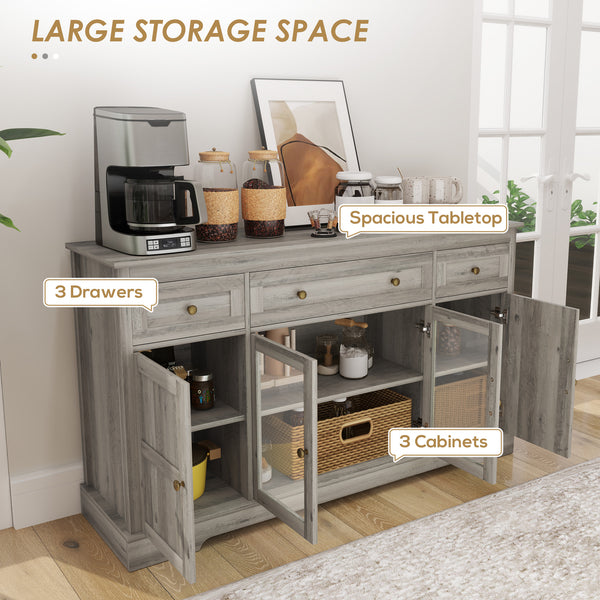 Sideboard with glass doors and adjustable shelves, patinated gray oak