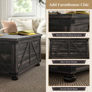 Farmhouse style coffee table with hinged lids, distressed brown