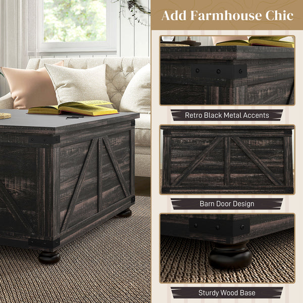 Farmhouse style coffee table with hinged lids, distressed brown