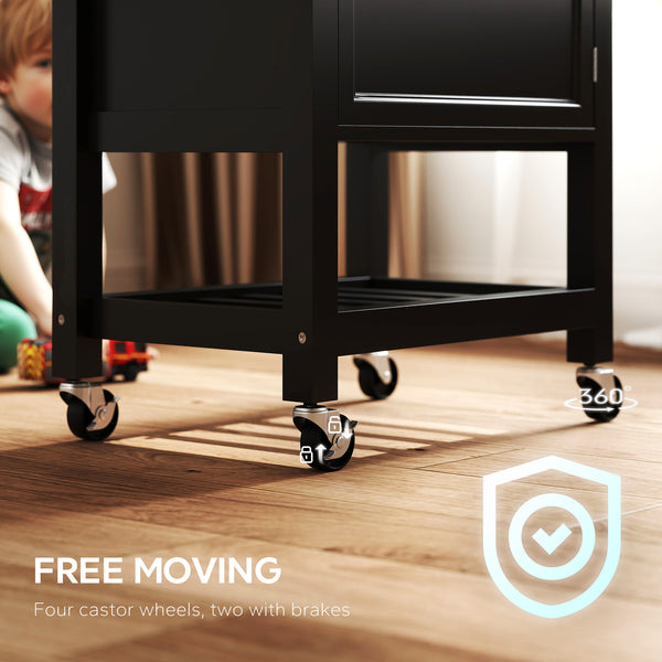 Kitchen island on wheels with wooden top, towel rack, drawer and shelf, black