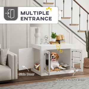 Dog crate furniture with removable bowls and two doors, white