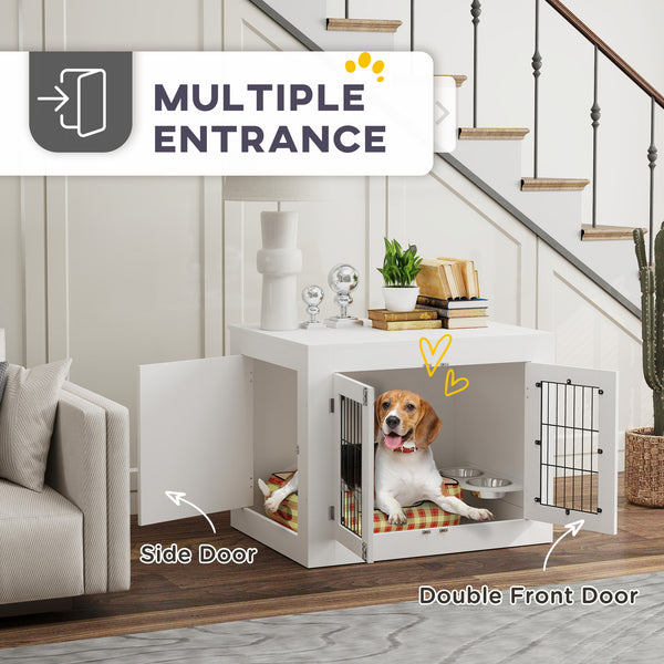 Dog crate furniture with removable bowls and two doors, white