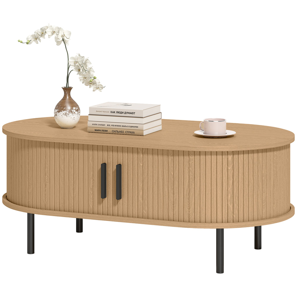 Coffee table with tambour sliding doors and central storage table, metal legs, natural wood color