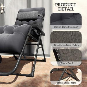 Fauteuil inclinable pliant rembourré avec porte-gobelet, dossier réglable, coussin amovible, noir