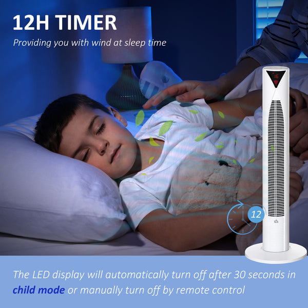 Freestanding tower fan with 3 speeds, 12-hour timer, oscillating, LED sensor panel, remote control, white