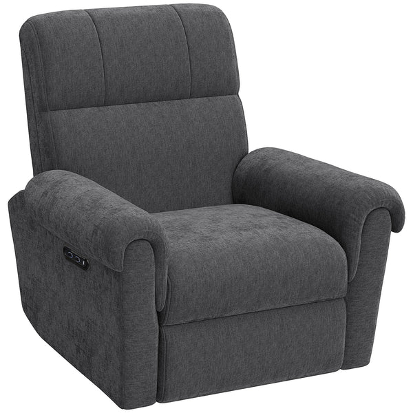 Electric reclining chair, fabric upholstery, USB ports, swivel and rocking function, footrest, dark grey