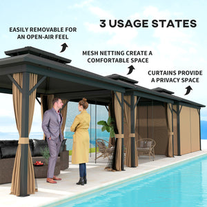 10' x 12' Hardtop Gazebo, Sun Shelter with Two-Tier Metal Roof, Mosquito Netting and Hanging Hook, Dark Brown