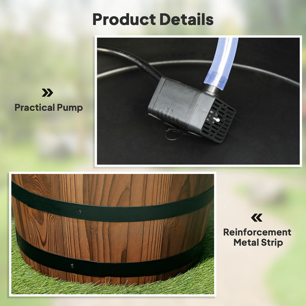 Outdoor cascading fountain, wooden barrel