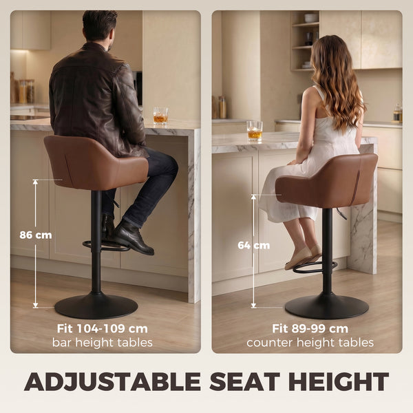 Faux Leather Bar Stools, Adjustable and Swivel, with Backrest, Set of 2, Brown