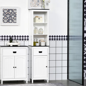 Tall freestanding storage cabinet with drawer and adjustable shelf for living room, white