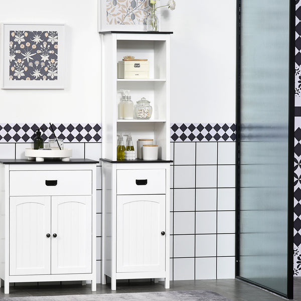 Tall freestanding storage cabinet with drawer and adjustable shelf for living room, white