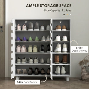 21 Pair Shoe Storage Cabinet with 5-Tier Double Door Cabinet and 5-Tier Open Shelves, White