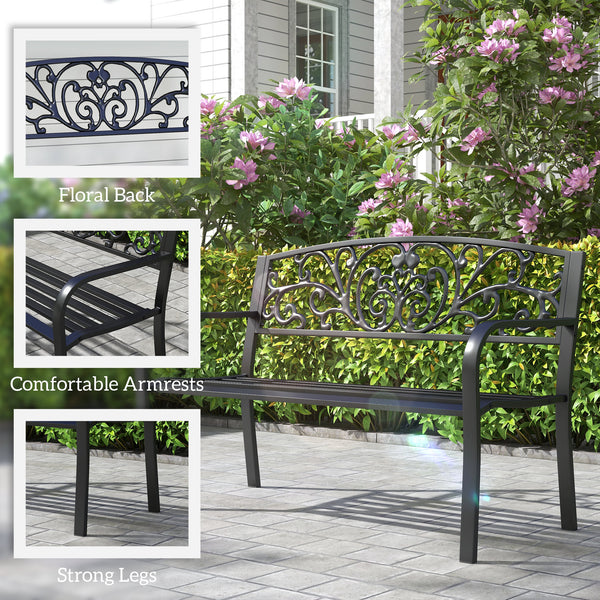 Two-seater garden bench, floral pattern, black