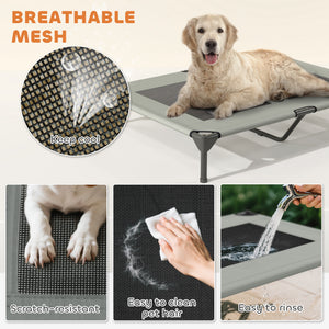 Elevated bed with canopy, steel frame and washable mesh, light gray