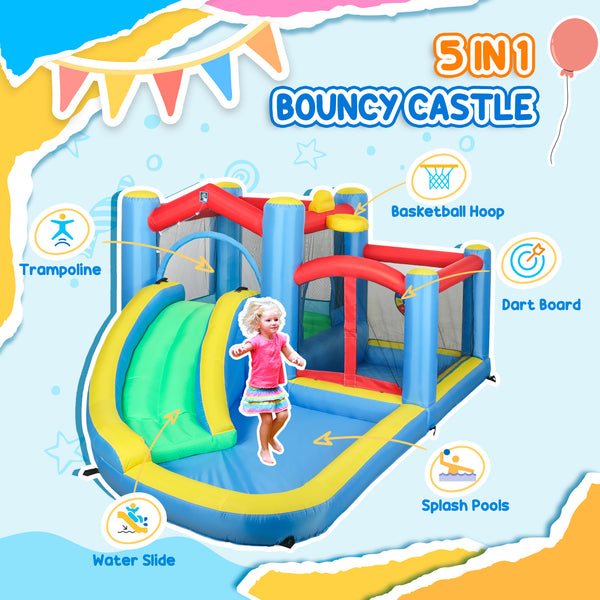 Kids Bouncy Castle with 550W Blower, Water Slide, 2 Wading Pools, Basketball Hoop, Dart Board, 12.6' x 9.5' x 5.9'