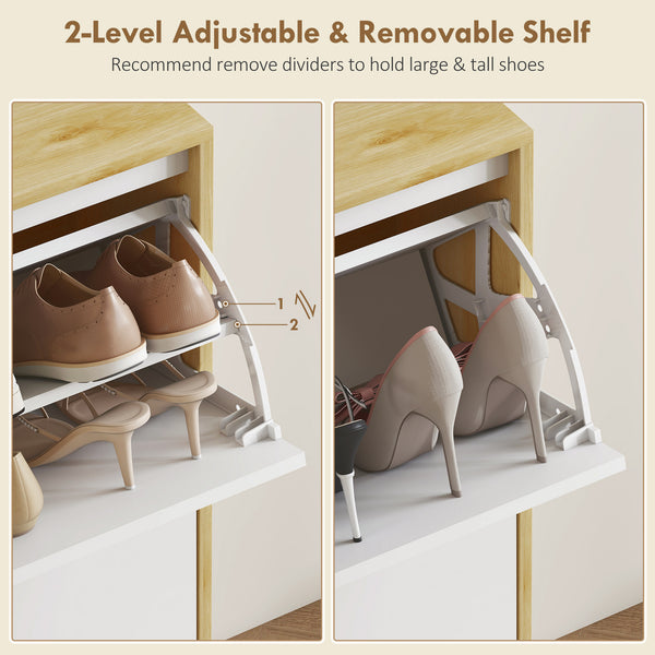 Narrow shoe cabinet, high-gloss finish, with 4 drop-down drawers and adjustable shelves, for 20 pairs, white