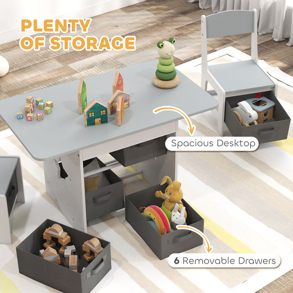 3-piece table and chair set with 6 removable drawers, light gray