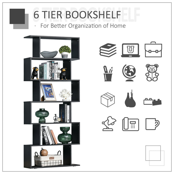 S-shaped wooden bookcase with 6 shelves, black