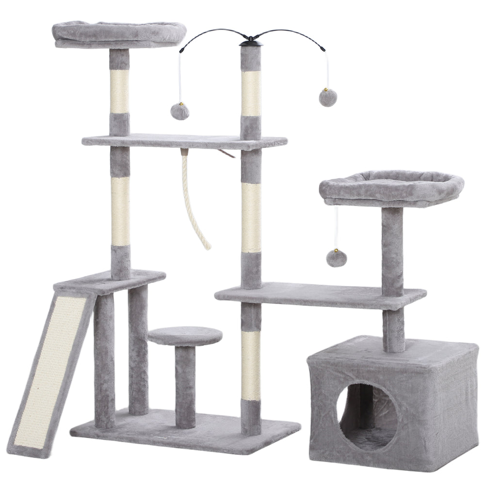 Cat tree with scratching posts, niche, beds, platforms and play balls, light grey