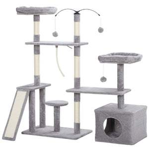 Cat tree with scratching posts, niche, beds, platforms and play balls, light grey