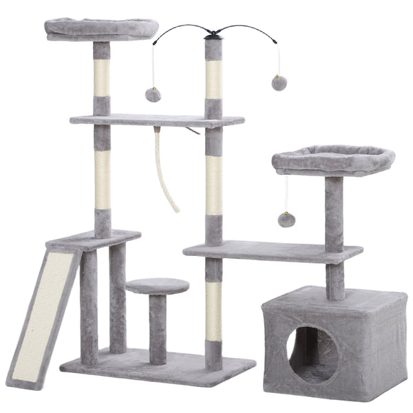 Cat tree with scratching posts, niche, beds, platforms and play balls, light grey