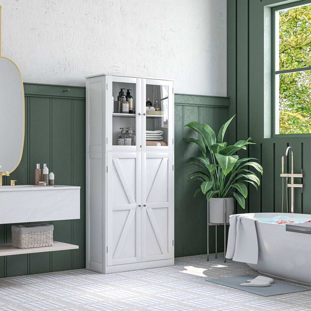 Modern Bathroom Vanity with Glass Doors and 5 Tier Barn Doors, White