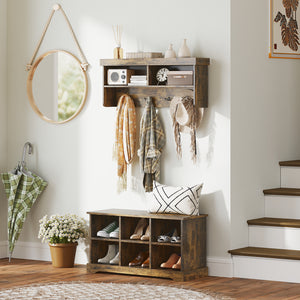 Rustic Brown Coat Rack and Shoe Bench Set
