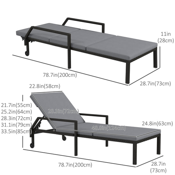 Rattan chaise longue with 5-position adjustable backrest, light grey