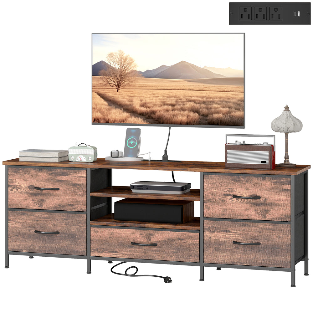 Industrial-style TV stand for TVs up to 65 inches, with charging station, 5 drawers and open shelves, rustic brown