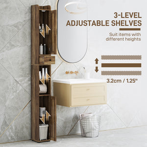 Narrow bathroom vanity, tall with barn doors, drawer and adjustable shelves, brown wood look