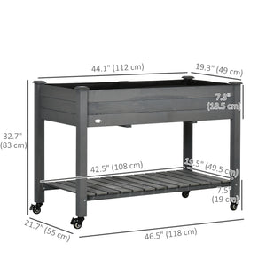 Raised wooden planter with lockable casters and storage shelf, dark grey