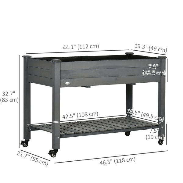 Raised wooden planter with lockable casters and storage shelf, dark grey