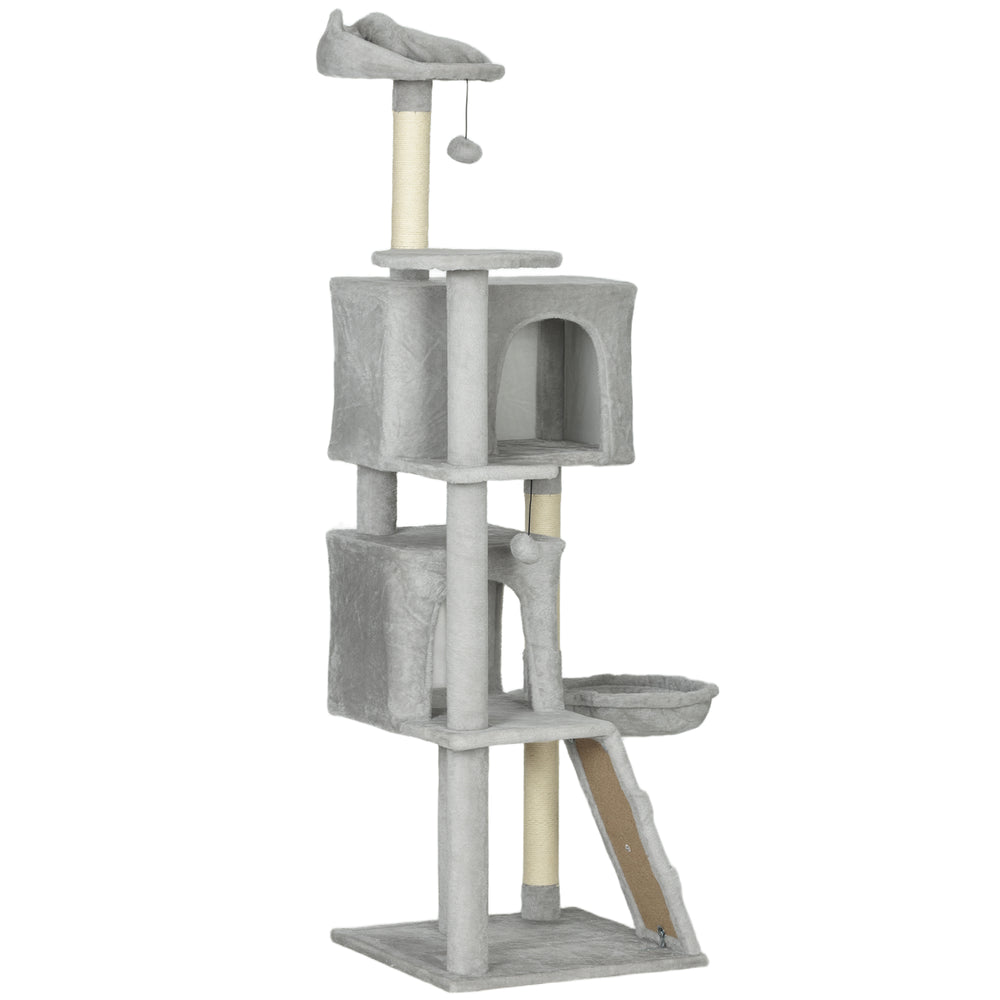 160cm Cat Tree with Scratching Posts, Cabins, Perches, Hammock, Ladder, Light Grey