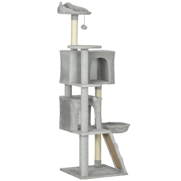 160cm Cat Tree with Scratching Posts, Cabins, Perches, Hammock, Ladder, Light Grey