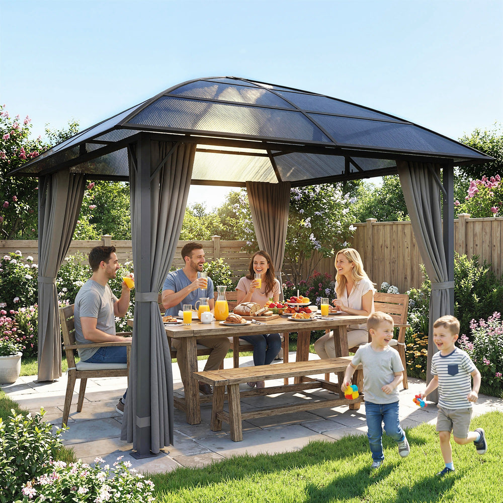10 ft x 10 ft rigid roof gazebo with steel frame, central hook and curtains, light grey, made of UV50+ anti-polycarbonate.
