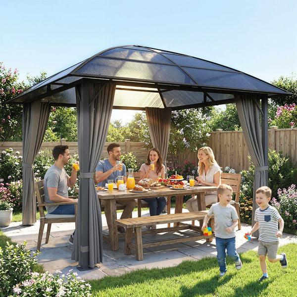 10 ft x 10 ft rigid roof gazebo with steel frame, central hook and curtains, light grey, made of UV50+ anti-polycarbonate.