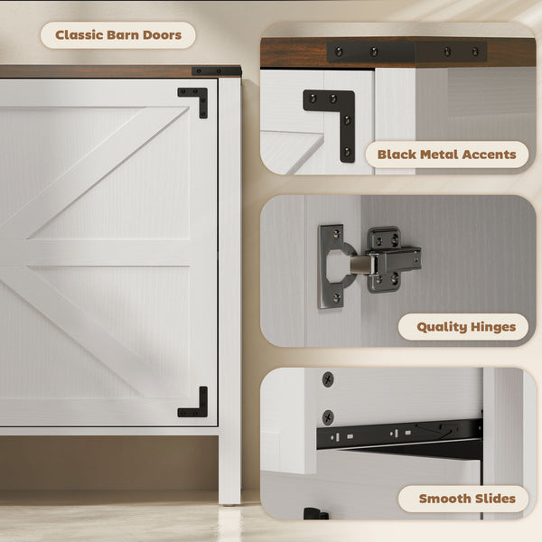 Country style sideboard with thick top, 2 barn doors, 4 drawers and 2 adjustable shelves, white