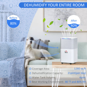 1260 sq ft Quiet Portable Dehumidifier for Home, 21 Points with 3 Modes