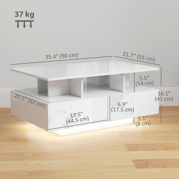 Coffee table with RGB LED lighting and 4 drawers, glossy white