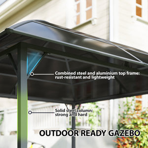 10 ft x 10 ft rigid roof gazebo with steel frame, central hook and curtains, light grey, made of UV50+ anti-polycarbonate.