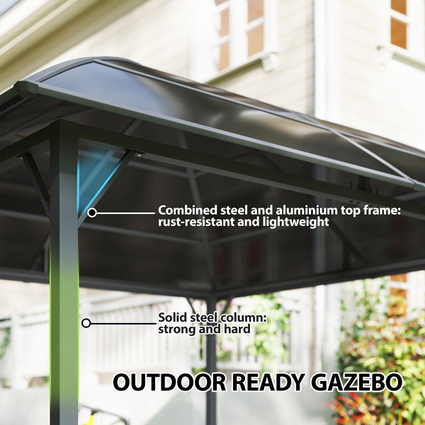10 ft x 10 ft rigid roof gazebo with steel frame, central hook and curtains, light grey, made of UV50+ anti-polycarbonate.