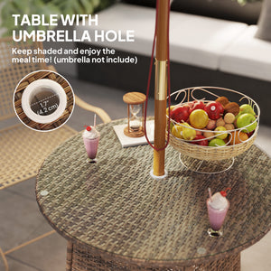 Round garden table with parasol hole and tempered glass top, brown